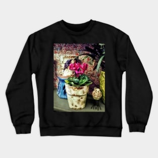 Cyclamen - Cyclamen in Flowerpot and Ceramic Bird Crewneck Sweatshirt